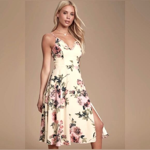 Lulus Emilee Cream Floral Print Spaghetti Strap Midi Dress Size XS - Picture 1 of 11
